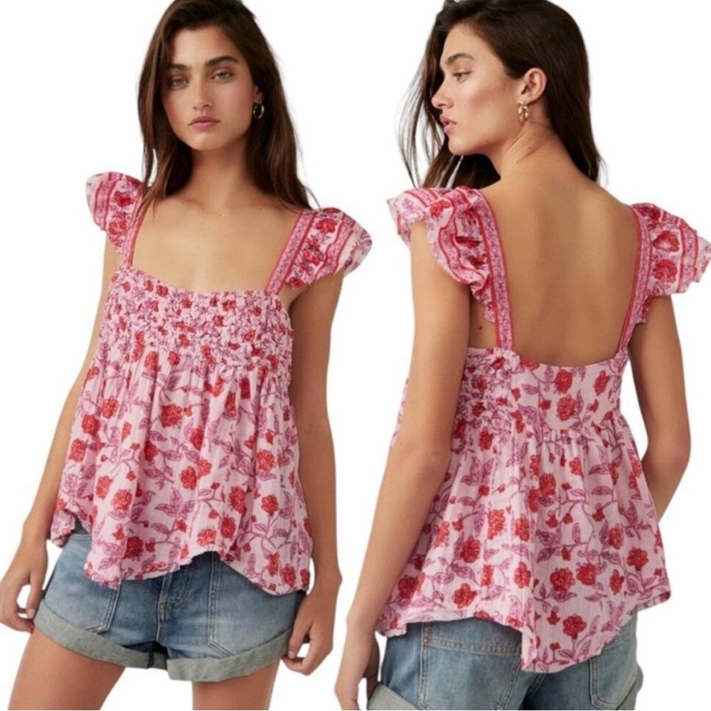 Free People Pink Flutter Sleeve Floral Smocked Tank